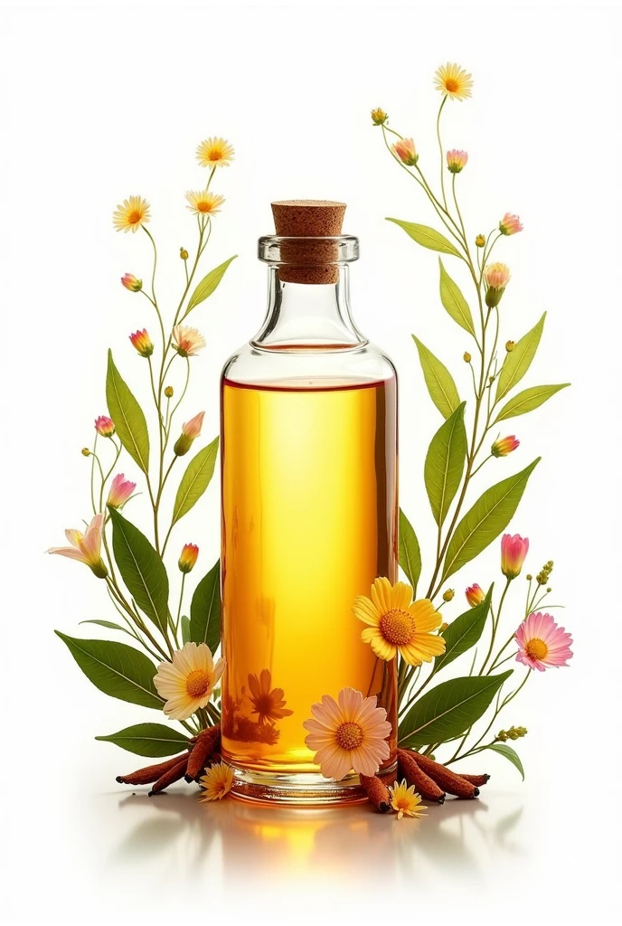 bottle with essential oil with leaves, spices and flowers flying in the white background