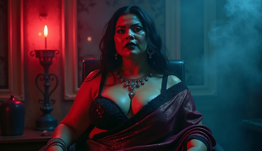 ( glowing eyes:1.5),Fortune telling hall,indian astrology,Looks like Aparna Dixit, full body Closeup shot, Big chubby aunty, milf, cougar lady witch, horny Gothic milf, 50 years old gorgeous mature lady, pervert demoness, demoness of lust, curvy, black lips, horny face, extremely gorgeous, thick figure, heavy physique, voluptuous, curvy, sexy figure, Fashionable portrait of androgynous alien looking witch wearing veil,( glowing eyes:1.5), futuristic design, minimal details, givenchy, photoreal, 200mm, hd, f/ 2.0, highly detailed, surreal, sexy beautiful evil woman, sexy bold sequin Saree with strapless Bra, chudail, Pishachini, horror genre, blood-thirsty enchantress, powerful female spirit, eerie, drop dead, in the style of red and blue, (intricate details, hyperdetailed:1.15) (skin texture:1.2), dark Moody tone, cinematic lighting, haunted place in background,