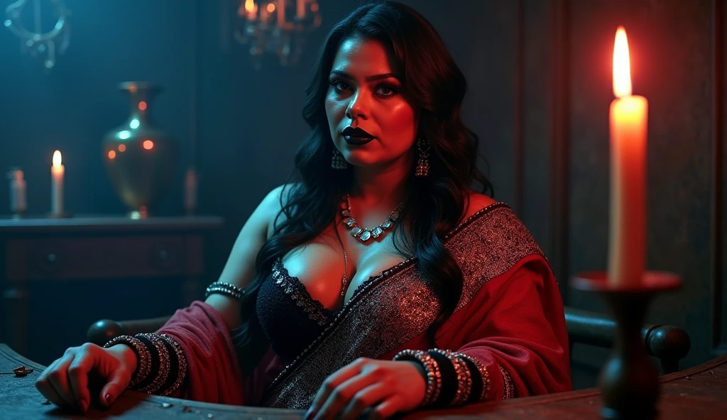 black magic ,indian astrology,Looks like Aparna Dixit, full body Closeup shot, Big chubby aunty, milf, cougar lady witch, horny Gothic milf, 50 years old gorgeous mature lady, pervert demoness, demoness of lust, curvy, black lips, horny face, extremely gorgeous, thick figure, heavy physique, voluptuous, curvy, sexy figure, Fashionable portrait of androgynous alien looking witch wearing veil, glowing eyes, futuristic design, minimal details, givenchy, photoreal, 200mm, hd, f/ 2.0, highly detailed, surreal, sexy beautiful evil woman, sexy bold sequin Saree with strapless Bra, chudail, Pishachini, horror genre, blood-thirsty enchantress, powerful female spirit, eerie, drop dead, in the style of red and blue, (intricate details, hyperdetailed:1.15) (skin texture:1.2), dark Moody tone, cinematic lighting, haunted place in background, Fortune telling hall