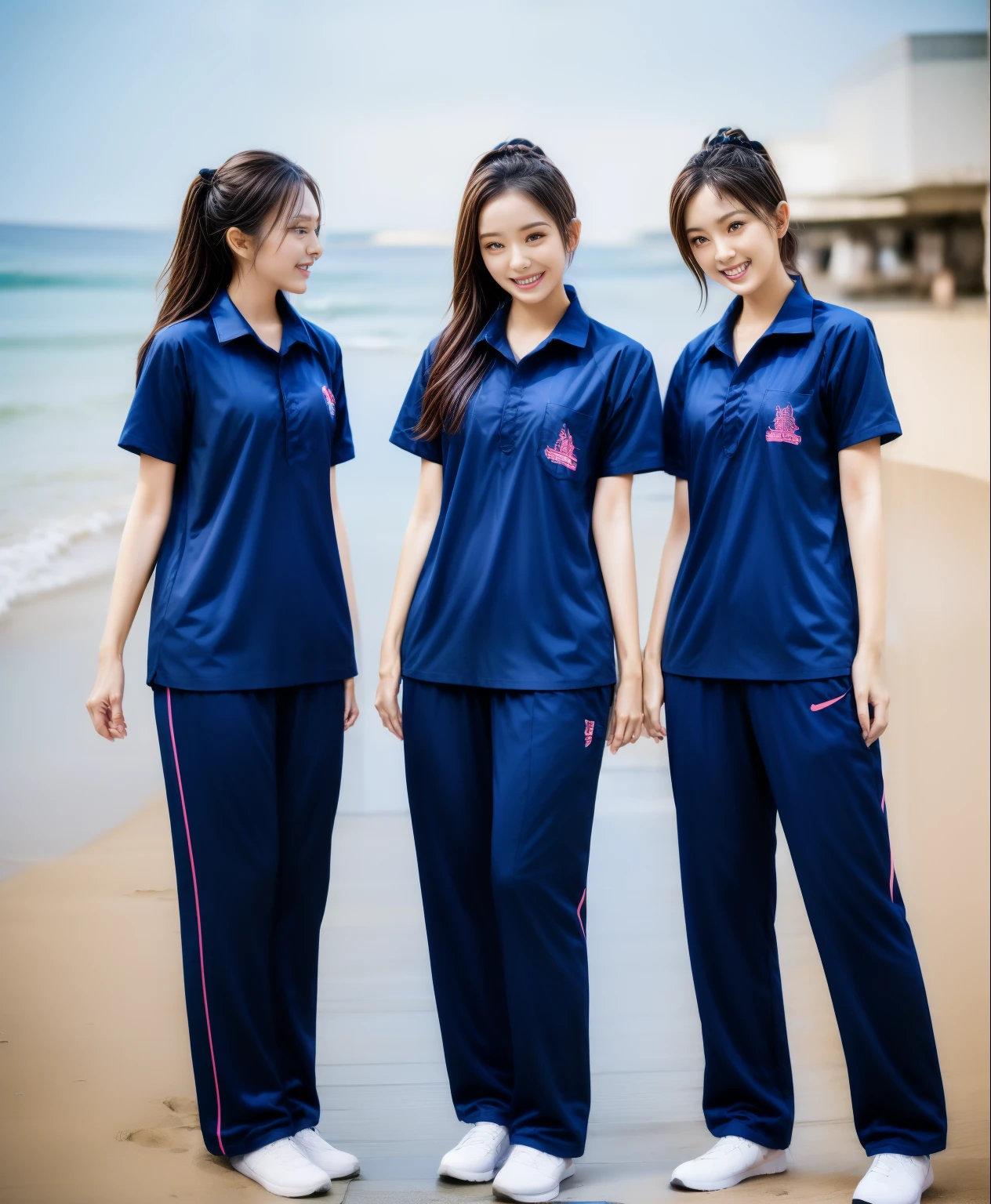 3 girls on beach, Navy blue short-sleeved shirt,Navy Long Trackpant,Sweatpants, Sweatpantsขายาว,25 year old girl, lesbian, sexy, exercise clothes, wet body, exercise clothes