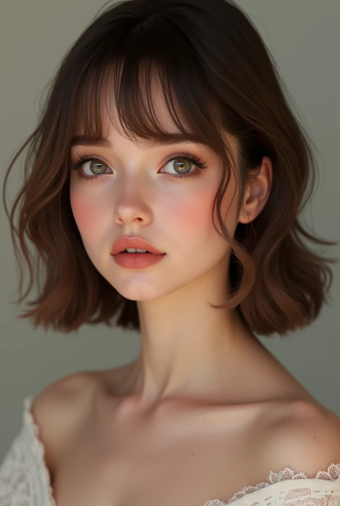 Emma Brewer American Small face Hair length above shoulders with bangs Light skin Brown hair American