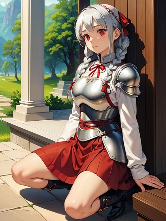 Silver hair with braids on both sides and red ribbons、A beautiful girl with red eyes the same color as her ribbon、leather armor、Breastplate only、Tunic、Flared skirt long boots、sword、