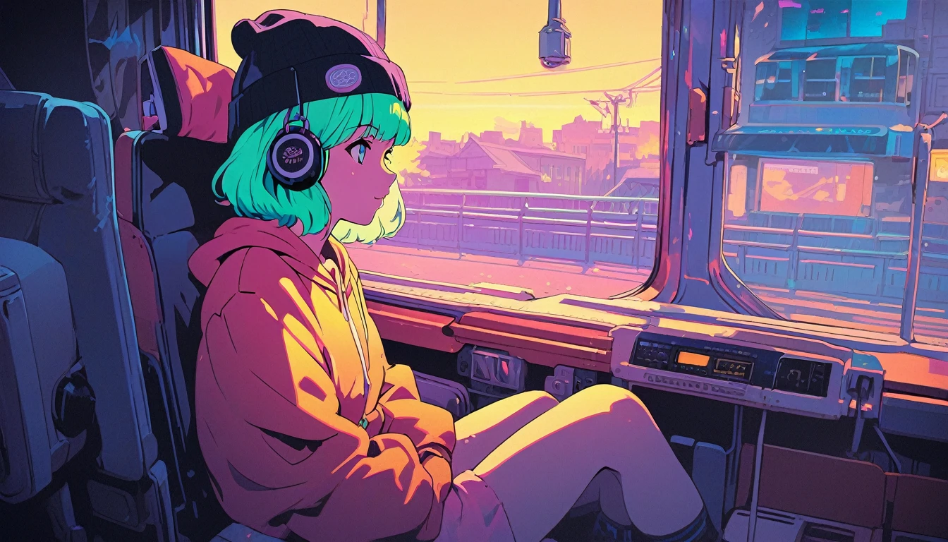 (extremely detailed CG unity 8k wallpaper), (best quality), (best illustration), (best shadow), realistic lighting, beautiful detailed reglow, masterpiece, best quality, lofi artstyle, lofi art, 80s anime style, Retro, Lo-Fi, 1girl, solo, short hair, green hair, sitting, window, headphones, ground vehicle, train interior, anime, bangs, beanie, black headwear, 