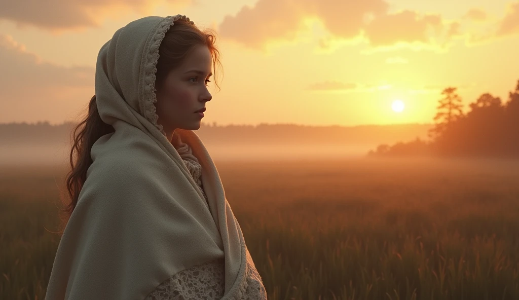 Image Prompt: A serene image of a sunrise over the Roanoke settlement, with a soft focus on Virginia Dare wrapped in a blanket, symbolizing hope and the promise of a fresh start.