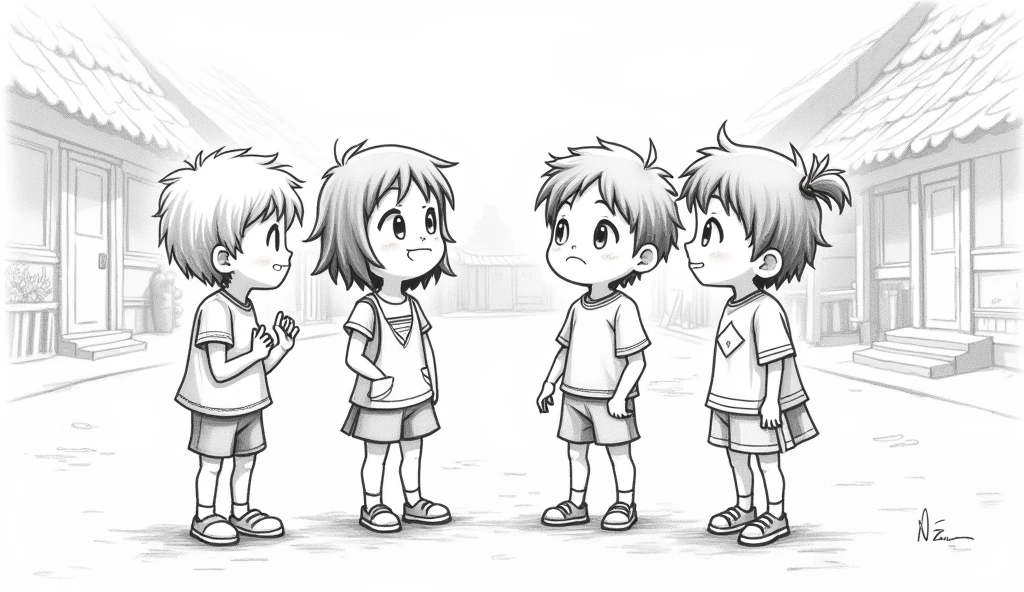 Group of four children talking to each other on the village in pencil drawing