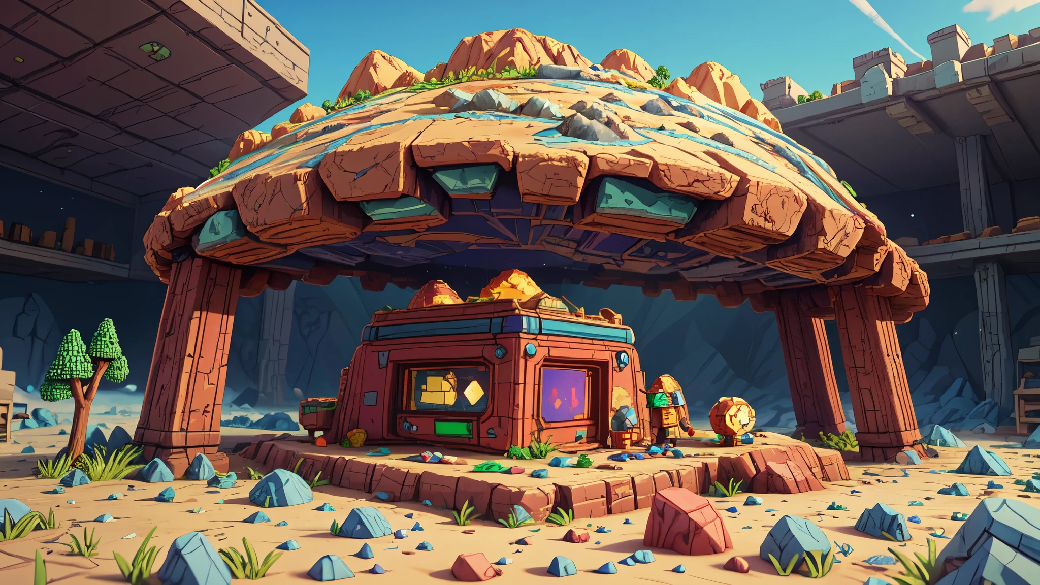 side scrolling video game NESVoxelStyle native-american prospector discovering rich vein of precious minerals in an alien crater Voxel, 3D, Pixel, plastic, shiny, (Masterpiece:1.3) (best quality:1.2) (high quality:1.1)