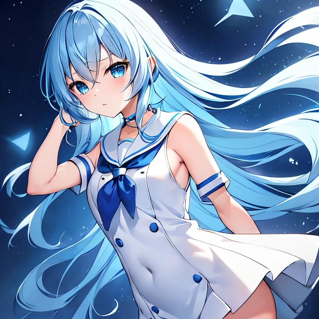 ultra-detailed,Anime with blue hair and blue eyes, Best Anime 4K Konachan Wallpaper, anime wallpaper 4k, anime wallpaper 4k,  Anime Style 4k, Anime art wallpaper 4k, Anime Art Wallpaper 4K, Kantai Collection Style, 4k anime wallpaper, Anime Moe Art Style, mikudayo, ｊｋ, teal hair anime, Shirabii, Cute anime visuals, Long Hair,White Uniform,White Sailor Suit,White sailor one-piece,Blue tie,Blue Line,Character portrait,Full body view,Stand facing forward,Garter Ring,Short sleeve,White socks,Supple limbs,Long limbs,older sister,ice shards,Five Fingers,Bright Eyes,Short sleeve