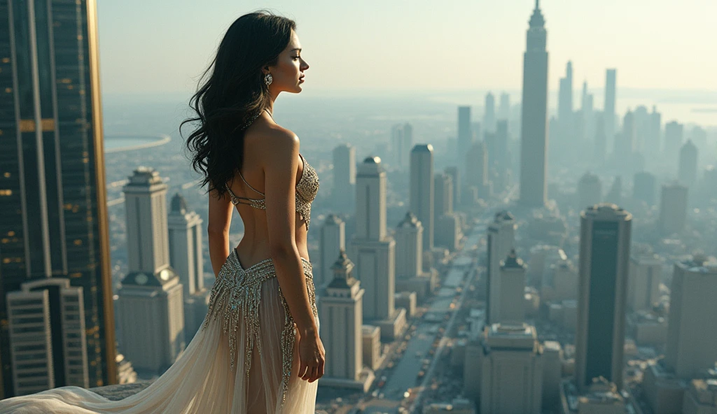 araffe sitting on a ledge overlooking a city skyline, a stock photo inspired by Mike Winkelmann, shutterstock, digital art, highly detailed giantess shot, perched on a skyscraper, giantess shot, overlooking a modern city, extremely detailed giantess shot, great view, demi rose, on top of it, giantess, sexy girl, gorgeous view