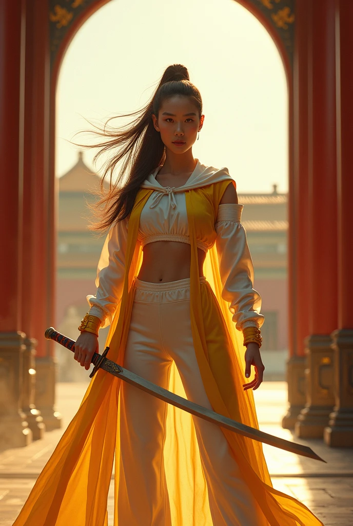 (masterpiece, best quality, beauty),uhd, china female kungfu, korean beauty like tae yon, her face and full body visible, shining red eyes,, windblown hair, wear white silk yellow leather suit and wear hoody, left hand holding china traditional sword, standing next to emperor emblem inside gate of forbiden city china, best ratio body ,uhd. use the RenderMan renderer.digital art. High definition, high contrast, high color saturation,128k,cinematic lighting, intricate,cinematic lens, advertising photograph,ultra detail.dslr,Wallpaper size