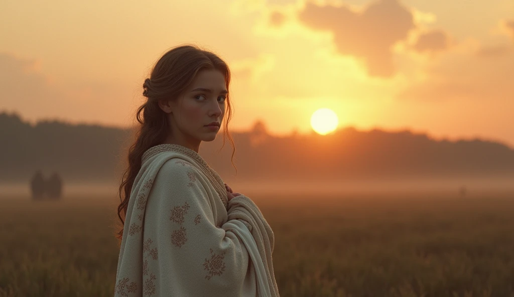 Image Prompt: A serene image of a sunrise over the Roanoke settlement, with a soft focus on Virginia Dare wrapped in a blanket, symbolizing hope and the promise of a fresh start.