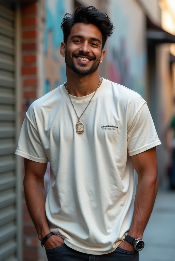 generate natural beautiful looking indian male model for oversize t-shirt with street background
