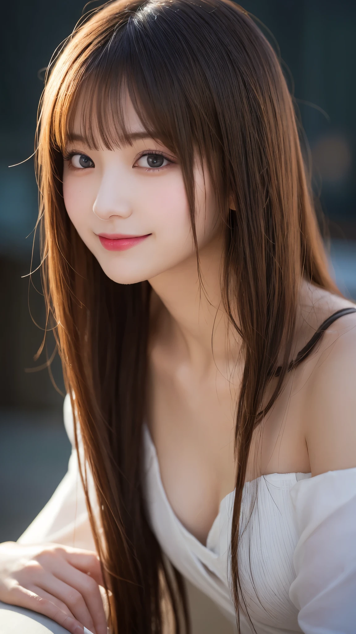 Tabletop, Highest quality, shape, Very detailed, finely, High resolution, 8k wallpaper, 完璧なダイナミックな構shape, Beautiful and exquisite,ランダムなcute髪,,Natural color lip, Bold sexy pose,smile、20-year-old girl、cute、Always blur the background,Perfect and beautiful face,Slim face and figure,Big eyes、Putting on gal makeup,Small face,Shooting from below、smile,Blurred Background,Elegant feminine face、Cyberpunk Fashion、Change pose randomly、Randomly change the shooting angle and position、smile、Top to bottom々Shoot from the right angle and direction、cute、cute顔、Evangelion（Rei Ayanami）Cosplay