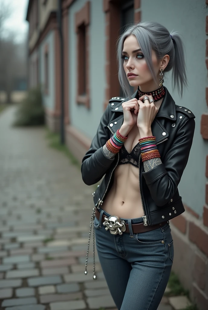 russian milf woman, grey hair (middle part) and wide colourful bandana as headband, with very light blue eyes, extremely pale. Wearing studded cropped black moto jacket with boho embroidery , black and red lace push up bra , dark skinny blue jeans and pointy silver Chelsea boots with cuban heels . Lots of colourful thick bracelets, colourful collars and colourful rings. Tacky wide studded leather belt with oversized skull and bones buckle. Long bohemian earrings with feathers. Standing up, humble facial expression. Hands on her neck, showing off bracelets and rings. Chains around belt.. Listening in amazement to somebody speaking to her, toned six pack abdominals, thin neck, slim legs and thin arms. Tattoed heavily.  