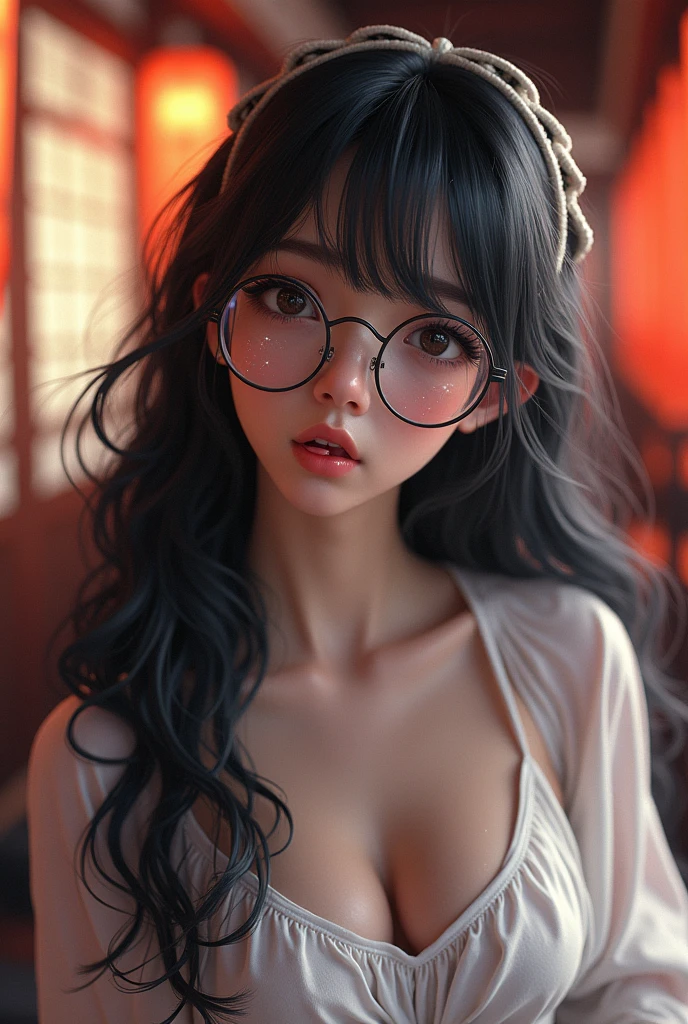 Wear glasses, 1 Japan, Long Hair, High resolution, Small breasts, vision, Black Hair, Anatomically correct, Sparkling eyes, Eyebrows hidden under hair, hair band, Lightweight long shirt dress, Full body portrait,Long Hair, look up, Portrait Photography, 3D Rendering,Sticking out tongue,