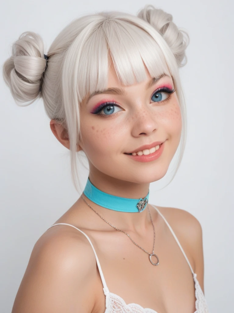 score_9, score_8_up, score_7_up, realistic lighting, photo, photorealistic
1girl, white hair, necklace, (realistic:1.6), photo, (bangs:1.1), side view, (detailed face and eyes:1.2), white background, perfect cute face, inventor, turning to look at viewer, vibrant colors, cocky smile, choker, freckles, eyeshadow, pigtail buns, round face