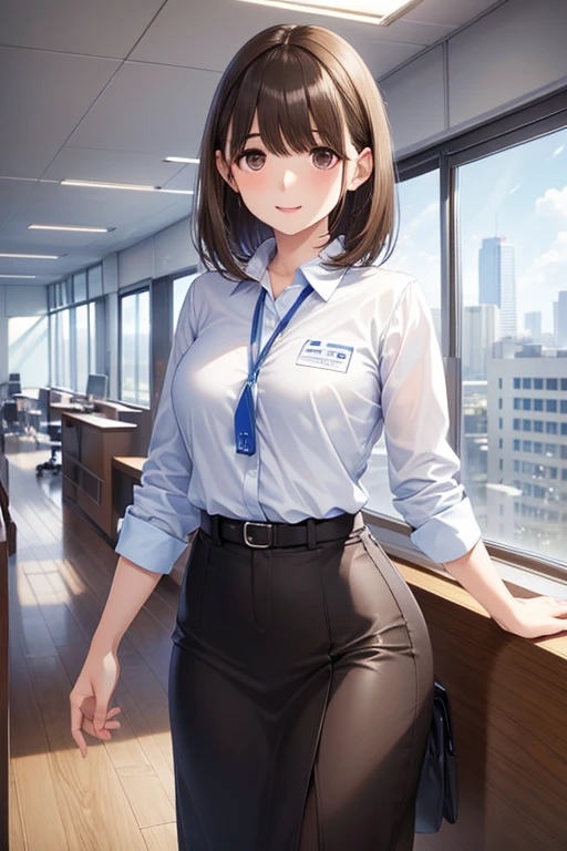 anegasaki nene、Shiny brown hair, short hair, (Beautiful brown eyes、Sparkling eyes, Fine grain)、smile、Ultra-detailed eyes、Highly detailed face, Highly detailed eyes,
masterpiece、High resolution、High resolution、high quality、High resolution、One young woman、short hair、1 Woman Standing, Clothing of office workers, (ID card) strap, Mature Woman, /(Dark brown hair/) bangs, 軽いsmile, (masterpiece 最high quality:1.2) Delicate illustrations, super detailed, break /(Modern office indoors/), Skyscraper with windows