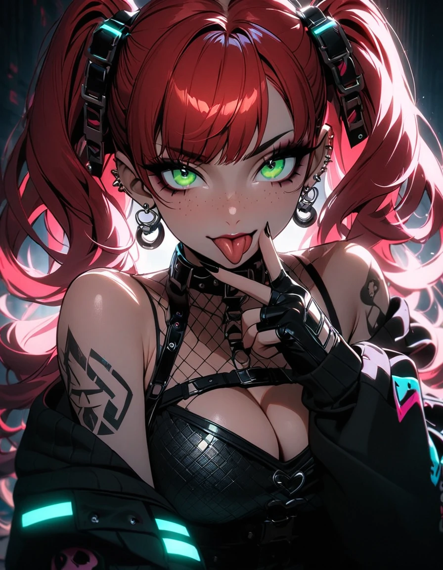 woman, curly red hair in pig tails, green eyes, eye shadow, black hoodie, black finger-less gloves, exposed shoulders, large breasts, freckles, cleavage, fishnet undershirt, looking at viewer, Holo-Punk Style, goth, earrings, eyelashes, makeup, solo, tattoo, punk aesthetic, cinematic lighting, masterpiece, best quality, face close up, sticking tongue out, two fingers