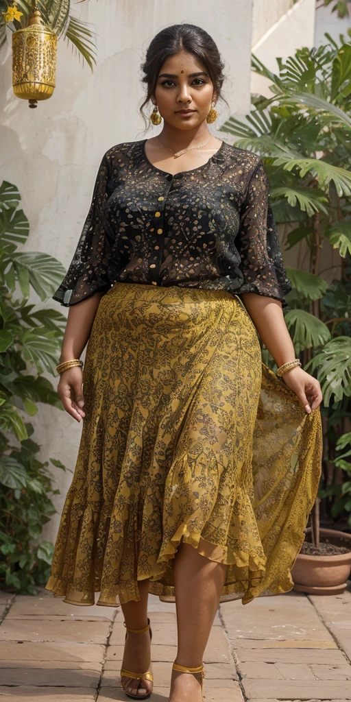 Day scene, A radiant, full-figured South Indian 35 year old aunty a yellow colour chiffon mini skirt and black chiffon shirt, standing, in a garden captured in a full-body image with vibrant hues and meticulous details. Full body image