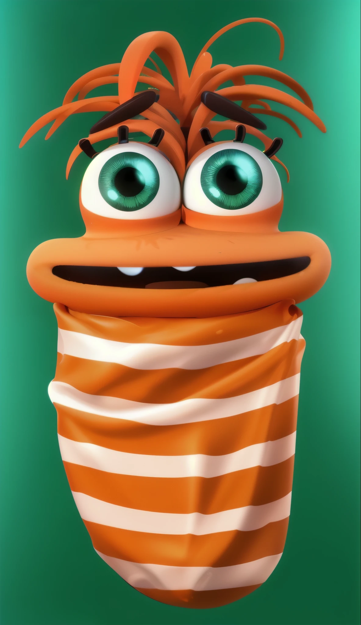3d render of child in baby towel, orange cartoon 3d character, cute character. glossy 3d lighting, multiple light sources, 8k render, plastic refractions, glossy texture, smooth 3d model, multiple light sources, rim light, sharp post effects render, (glossy plastic texture with multiple big light probe refractions), perfect cgi, cgi art created only with gradients, smooth silhouette, high intensity refraction, (plastic material), most beautiful vfx, dark green background