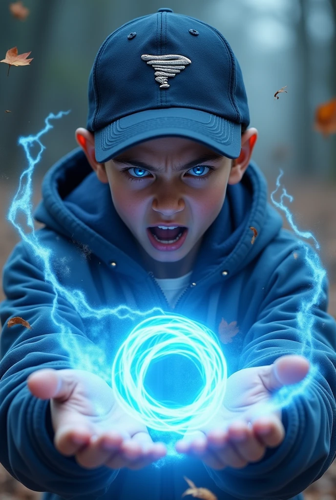 a young real teenage age . 19 Malaysia Indonesia.(Blue eyes) Glowing eyes. Anger face. Open mouth. . wearing an (navy blue white ) zip-up shirt, (nay blue white) navy blue cap with small logo (tornado) logo. Enger face . Dramatic.navy blue hoodie., detailed face, cinematic lighting, dramatic atmosphere,. Winter day. vibrant colors, 8k, high quality, photorealistic. Hero suit. Wind come from his hand. Glowing white wind element from hand, tornado everywhere . Glowing hand lightblue .navy blue , wind logo design . Very strong. Future design dress. Very epic. Very cool background.. dark sky. Very strong. Tornadastorm . Wind very strong . Flying dry leave everywhere.. wind ball sharp shape power from hand .rasengan .