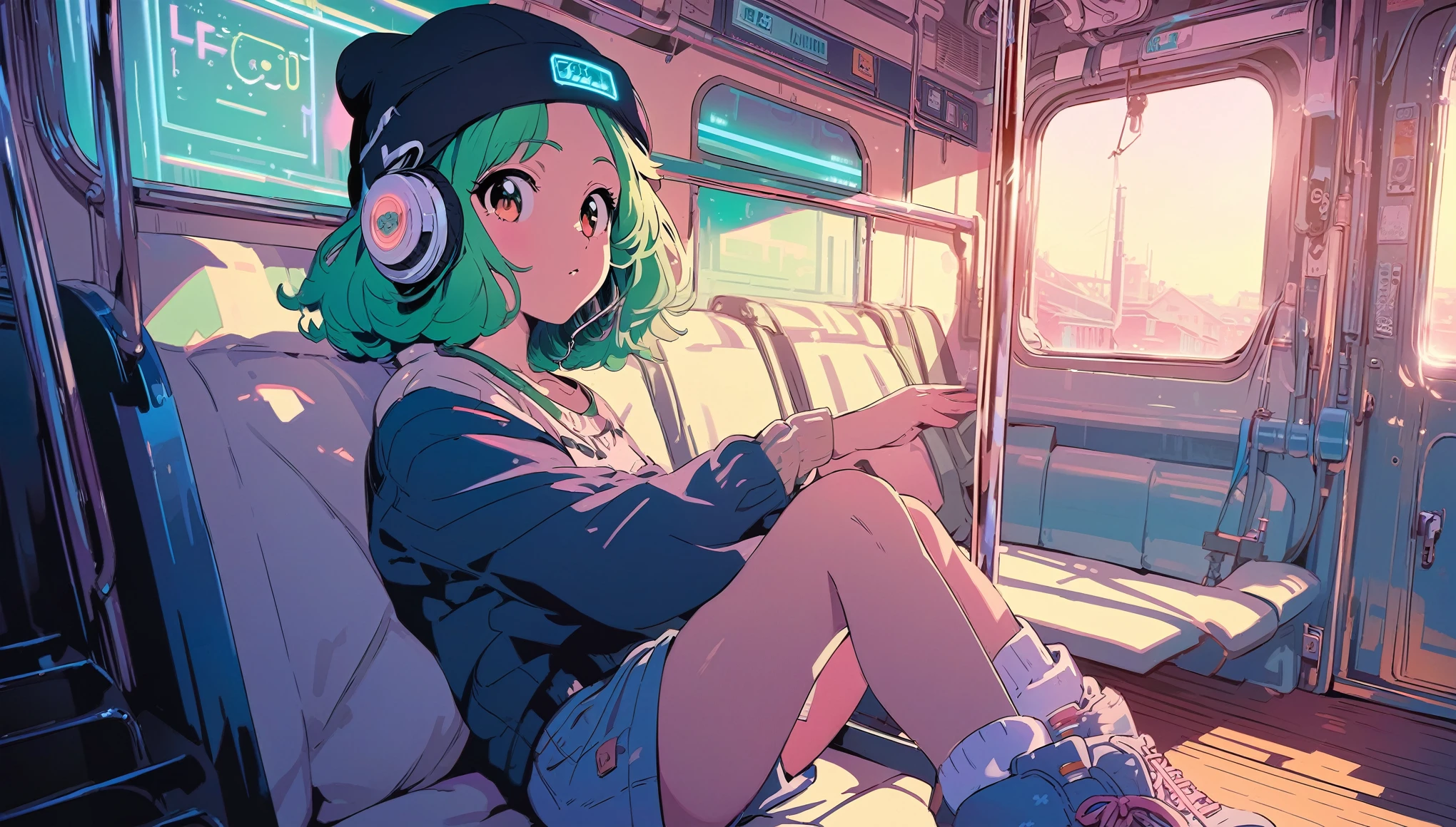 (extremely detailed CG unity 8k wallpaper), (best quality), (best illustration), (best shadow), realistic lighting, beautiful detailed reglow, masterpiece, best quality, lofi artstyle, lofi art, 80s anime style, Retro, Lo-Fi, 1girl, solo, short hair, green hair, sitting, window, headphones, ground vehicle, train interior, anime, bangs, beanie, black headwear,