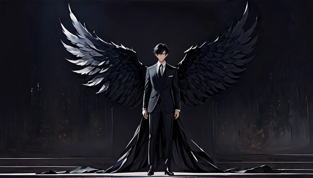 A handsome boy with jet black hair and eyes, in an elegant suit, while large black wings emerge from his back, in the middle of a ballroom, alone, surrounded by darkness, standing with his back to the dark stage, lonely