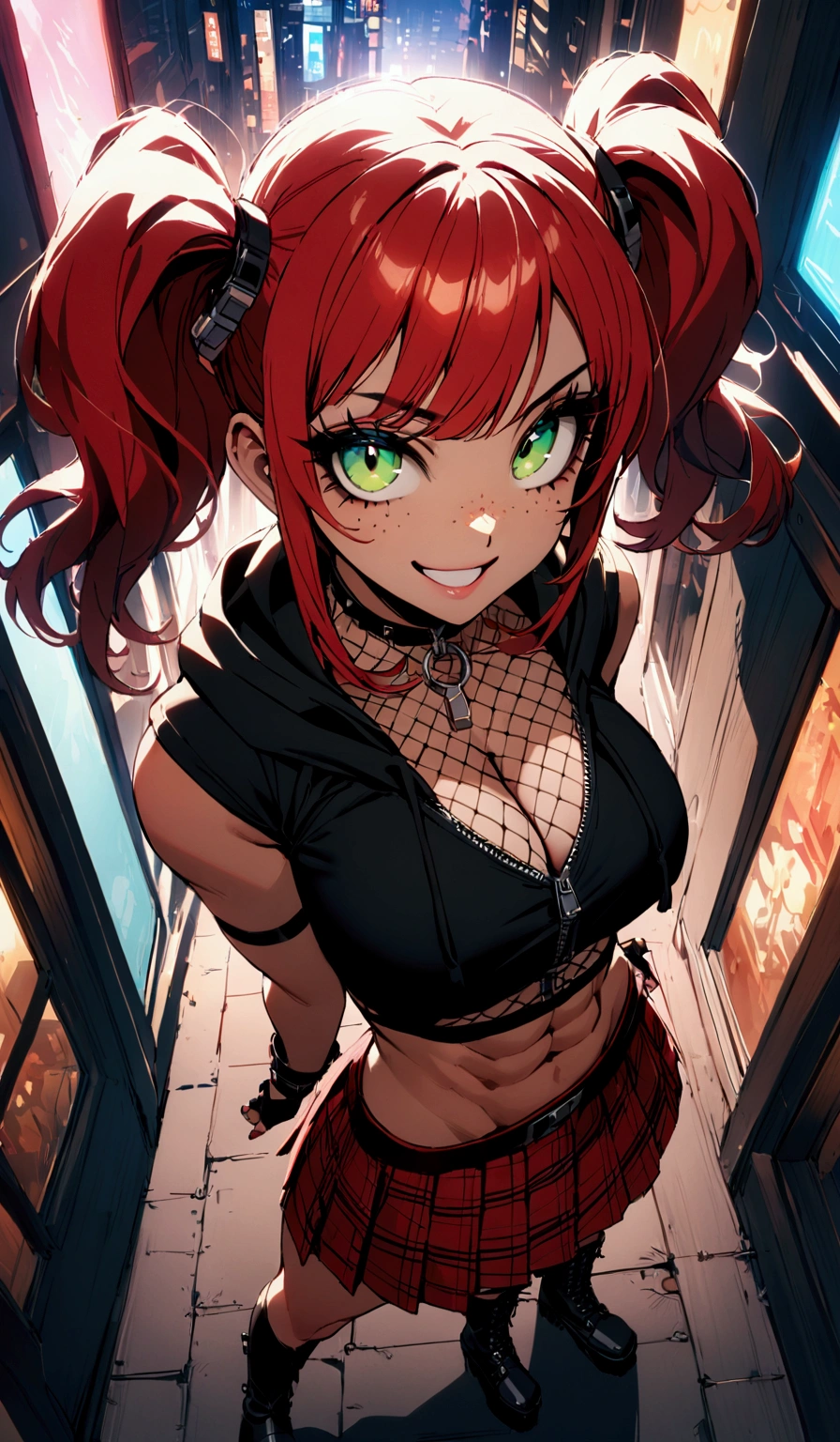 woman, grin, curly red hair in pig tails, green eyes, black eyeshadow, wearing crop top black shirt, black oversized zip up hoodie, red plaid skirt, black knee high boots, black fingerless gloves, exposed shoulders, large breasts, freckles, abs, cleavage, looking up at viewer, cinematic lighting, masterpiece, best quality, Holo-Punk Style, in the city, make up, eyelashes, fish net undershirt, fish net stockings, (full body)