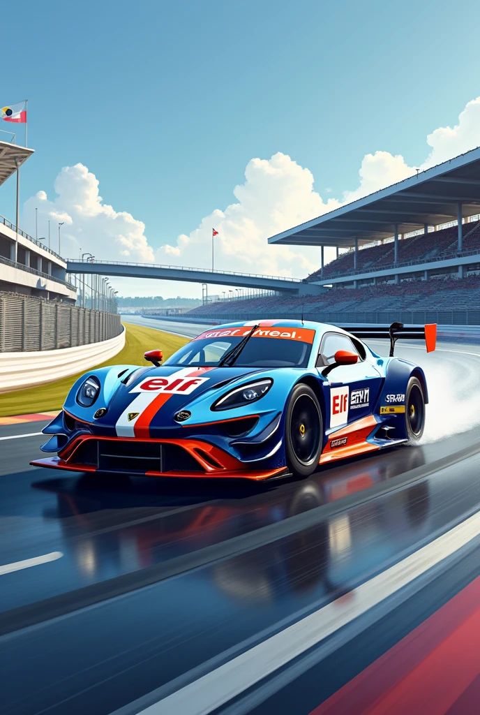 A realistic illustration of an Alpine A110 from the "elf europa cup" in navy blue, orange azure blue, white, en action sur le circuit bugatti du Mans