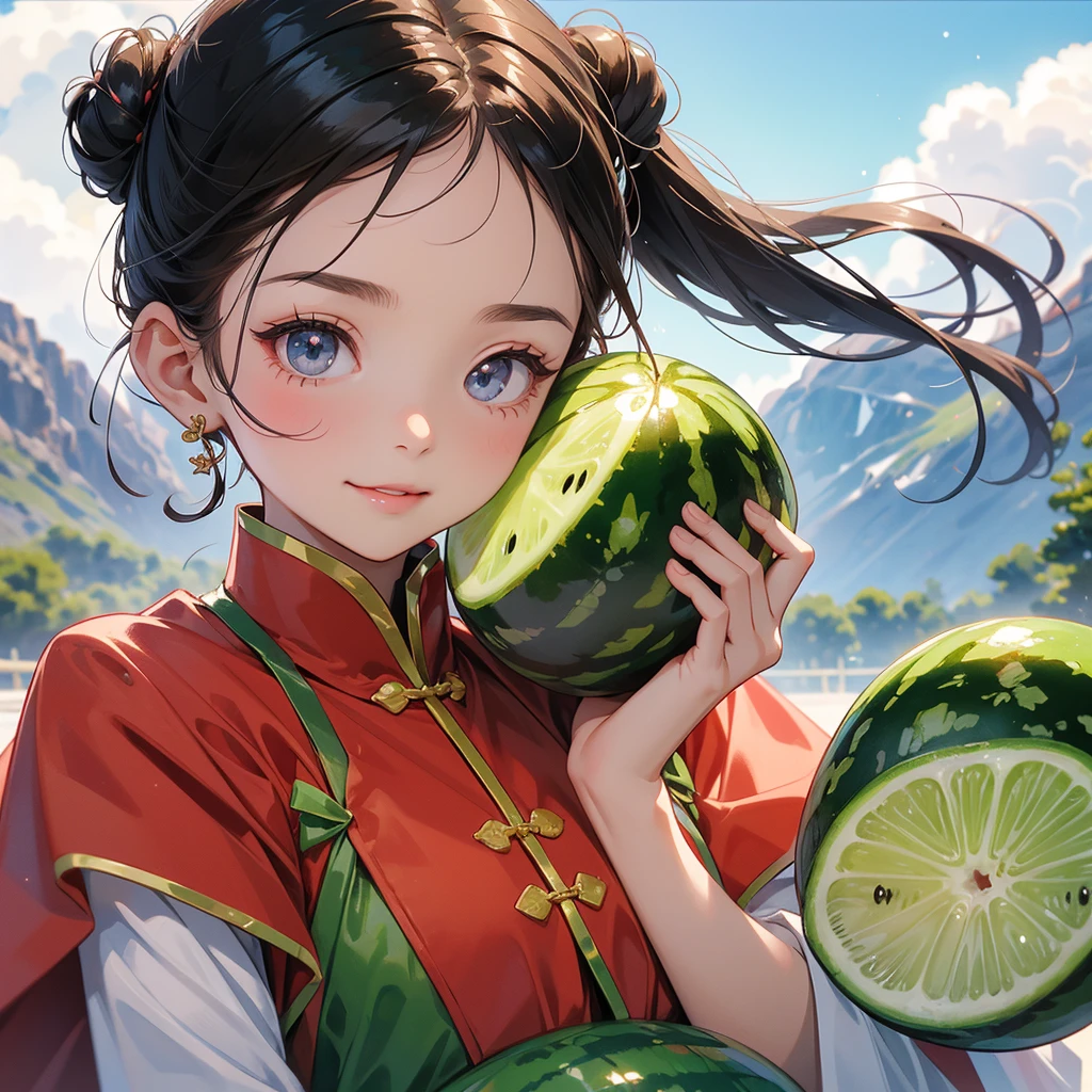 A chibi child girl had a small face and Wearing a little Taoist priest's outfit. A pair of big round eyes shone with curiosity about him. This child was so cute! her hair is black with two buns on her hair.small chibi, chibi baby, smiling ,Chibi.
The water melon fields are full of Big, fresh, green watermelon There is a watermelon cut in half. Beautiful red color, looks very delicious in your hand, behind which are mountains, there are low clouds floating in the blue sky.
