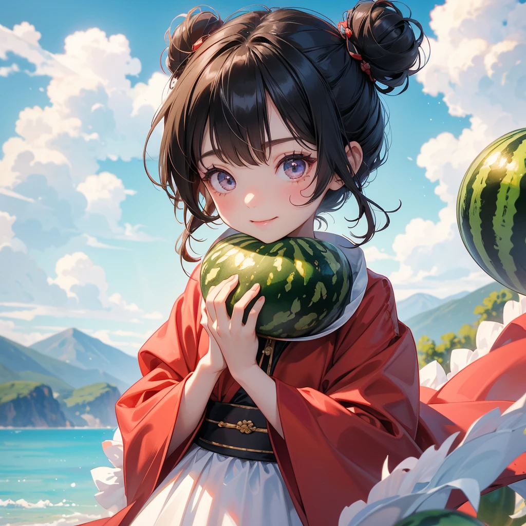A chibi child girl had a small face and Wearing a little Taoist priest's outfit. A pair of big round eyes shone with curiosity about him. This child was so cute! her hair is black with two buns on her hair.small chibi, chibi baby, smiling ,Chibi.
The water melon fields are full of Big, fresh, green watermelon There is a watermelon cut in half. Beautiful red color, looks very delicious in your hand, behind which are mountains, there are low clouds floating in the blue sky.