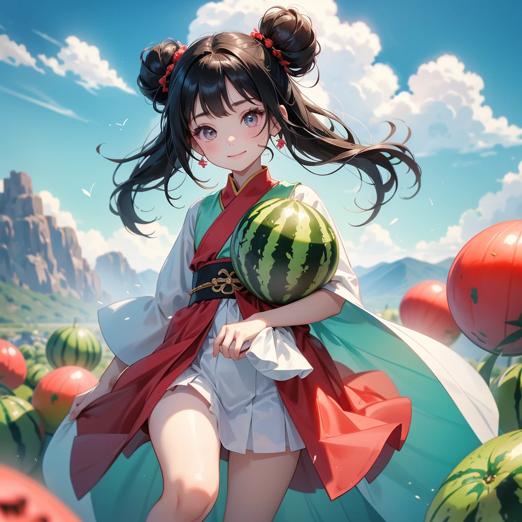 A chibi child girl had a small face and Wearing a little Taoist priest's outfit. A pair of big round eyes shone with curiosity about him. This child was so cute! her hair is black with two buns on her hair.small chibi, chibi baby, smiling ,Chibi.
The water melon fields are full of Big, fresh, green watermelon There is a watermelon cut in half. Beautiful red color, looks very delicious in your hand, behind which are mountains, there are low clouds floating in the blue sky.