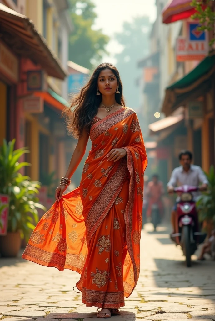 Beautiful Indian girl saree walking on the street