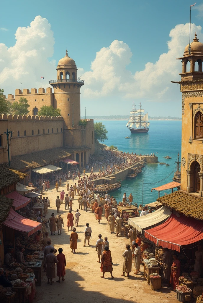 British Forts and Trading Posts Along Indian Coastlines:** A panoramic view of a British fort and trading post along an Indian coastline, with ships anchored nearby and a bustling trading area filled with people of different cultures.