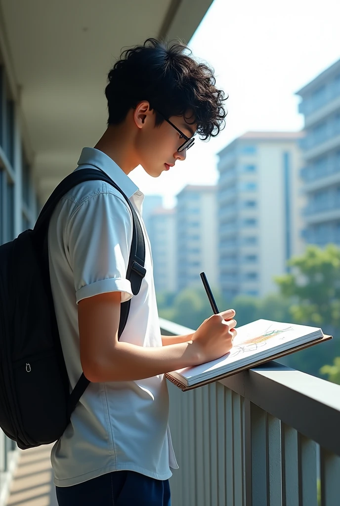 (photorealism:1.2), A student boy , tall ,side face ,curly black hair ,glasses , white shirt dark blue pants , standing drawing in draw book , in balcony dont wear backpack