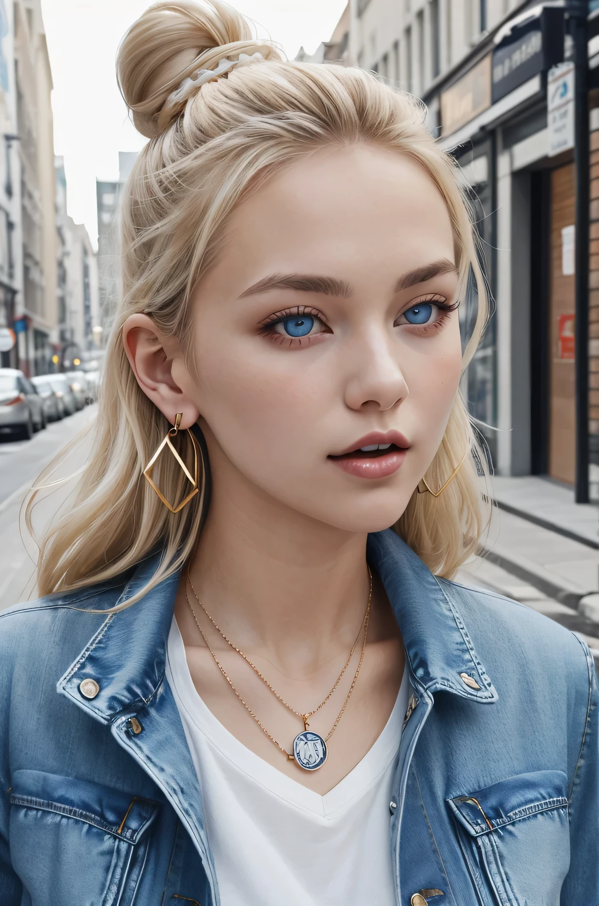 Pure white beauty、Neat and clean Caucasian woman、Blonde Hair、blue eyes、Hairstyle bun、、、Denim jacket、shirt、Open your mouth a little、View your audience, Earrings, necklace, _background,City Streets Task in progress
