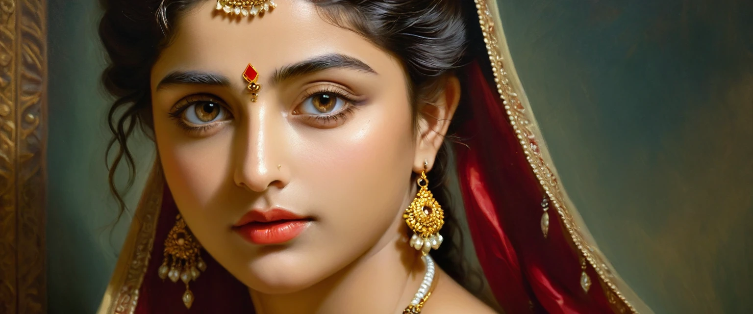 Beautiful Indian Woman, wearing saree, sari Beauty, gorgeous, Apsara, Maharani, royal queen woman, nymph from Hindu Mythology, Urvashi, matchless beauty, Highly detailed, Oil Painting by Peter Paul Rubens inspired by Raja Ravi Varma, Matchless beauty, captivating, gorgeous, heavenly beauty, celestial beauty, by Peter Paul Rubens, 13, realistic, hyper realistic, micro details, incredible artwork, insane details, ultra High resolution, 8k, 32k, acrylic on canvas, intricate, flawless, detailed, detailed face, detailed eyes, masterpiece, by Peter Paul Rubens, by Caravaggio, by William Adolphe bouguereau, perfect face, perfect body, beautiful art, realism, baroque, renaissance Art, highly textured, beautiful and detailed eyes, uhd, best quality,