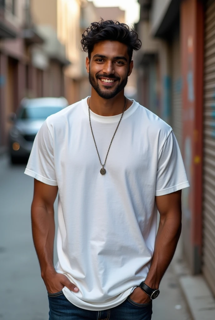 generate natural beautiful looking Indian male model for oversize t-shirt with street background