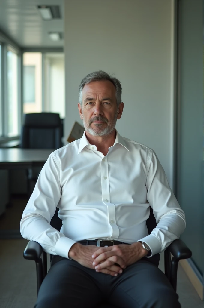 White shirt office man sitting on chair bulge