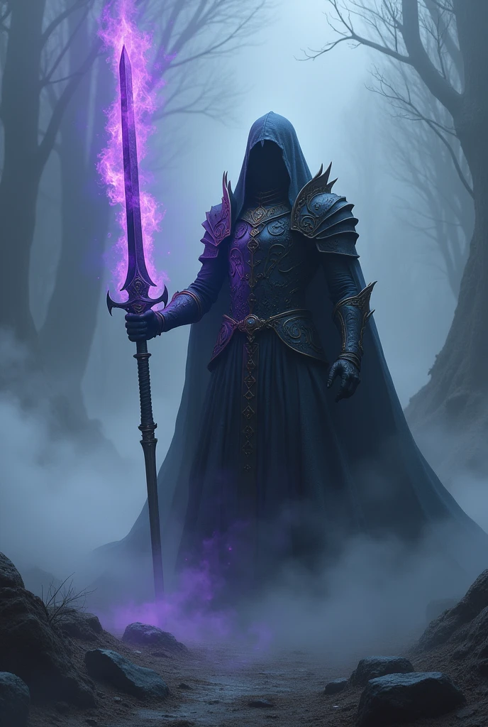 Dark paladin in the fog holding sword covered in purple fire