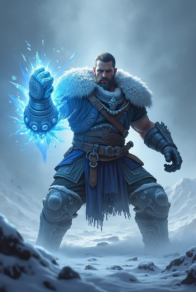Brawler man wearing gauntlet with glacier element