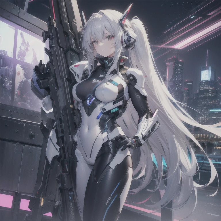 ((masterpiece)), (Textured skin), ((Attention to detail)), Highest quality, Awards, 8k, Beautiful woman, Mecha Girl (Silver Machine Parts), (Mechanical body:1.2), A complex armament, Android woman, Unkempt Long Hair, Pick Hair, Night Sky, Neon Light, Megalopolis, rifle