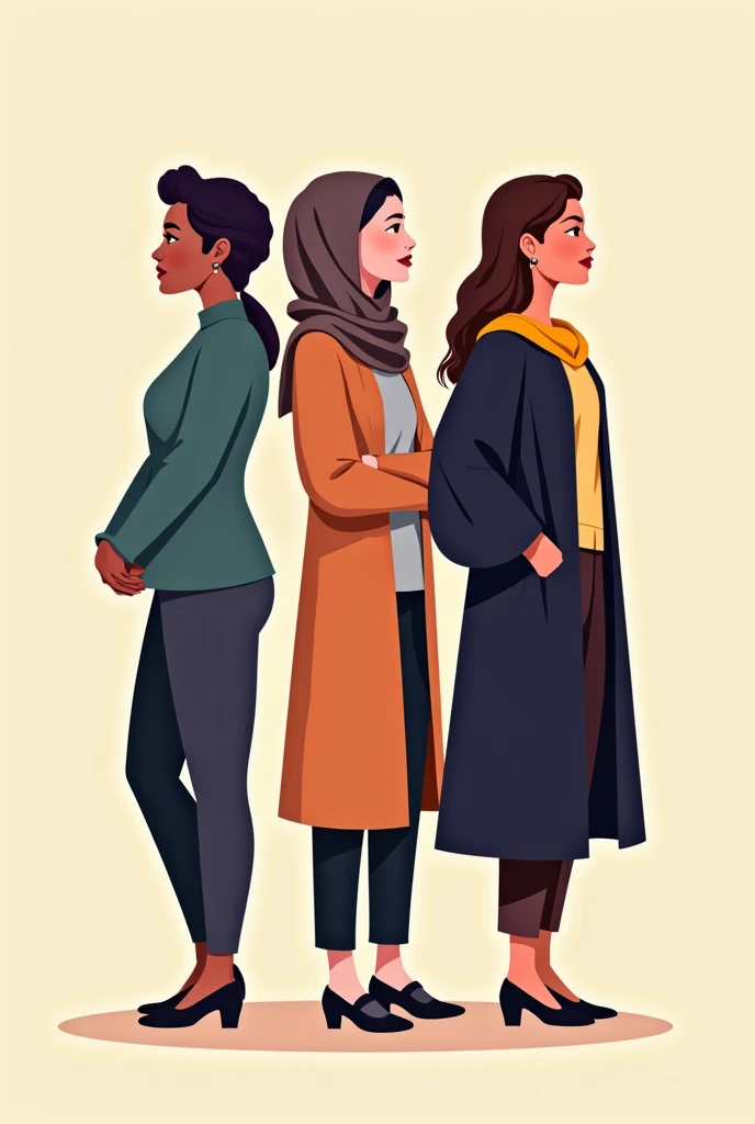 Three women stand back to back, one on the right wearing a graduation uniform, one in the middle wearing a high school uniform, including a hijab, and one on the left wearing an office worker uniform.