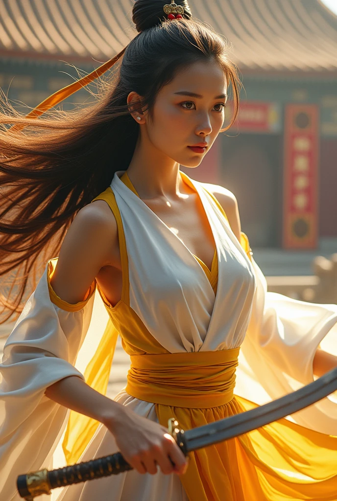 (masterpiece, best quality, beauty),uhd, china female kungfu, korean beauty like tae yon, her face and full body visible, shining red eyes,, windblown hair, wear white silk yellow leather suit and wear hoody, left hand holding china traditional sword, standing next to emperor emblem of forbiden city china, best ratio body ,uhd. use the RenderMan renderer.digital art. High definition, high contrast, high color saturation,128k,cinematic lighting, intricate,cinematic lens, advertising photograph,ultra detail.dslr,Wallpaper size
