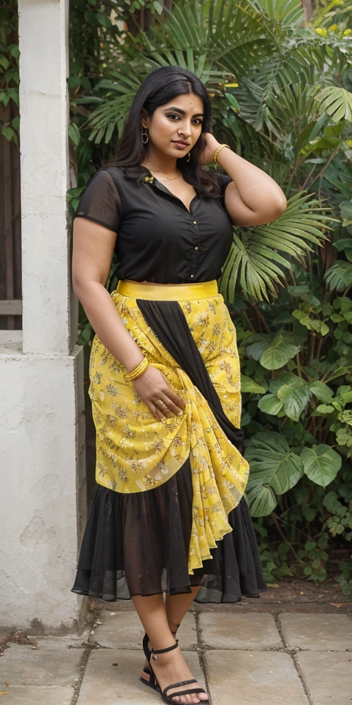 Day scene, A radiant, full-figured South Indian 35 year old aunty a yellow colour chiffon mini skirt and black chiffon shirt, standing, in a garden captured in a full-body image with vibrant hues and meticulous details. Full body image