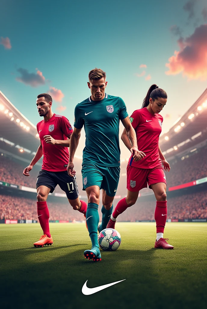 Make an advertising image, for Nike managing the sports they offer (Soccer) and sportswear