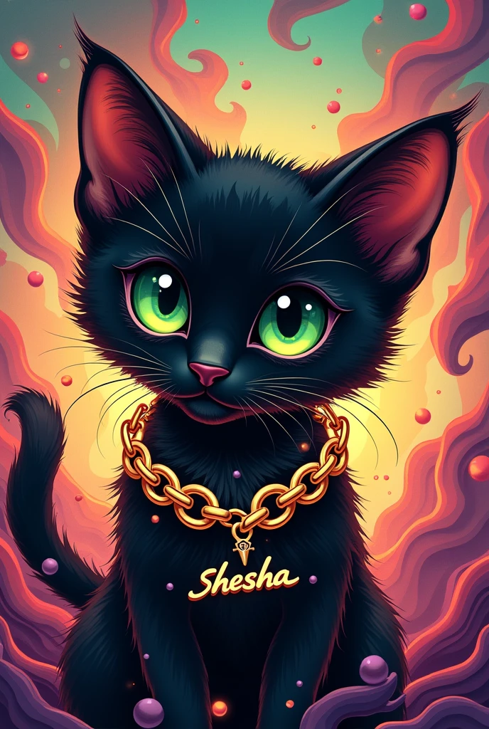 steampunk  black cat with green eye. she is wearing  gold hiphop chain Which reads "SHESHA" 420 artwork, retro psychedelic weed illustration, liquid, psychedelic artwork, in illustration style digital, extremely high quality artwork, estilo de arte impressionante, arte do Adobe Illustrator, visionary art style, psychedelic acid trip, estilo de arte vetorial, Psychedelic style nano-infused Vibrant colors, swirling patterns, abstract forms, surreal, trippy fluid, high quality, 4k render