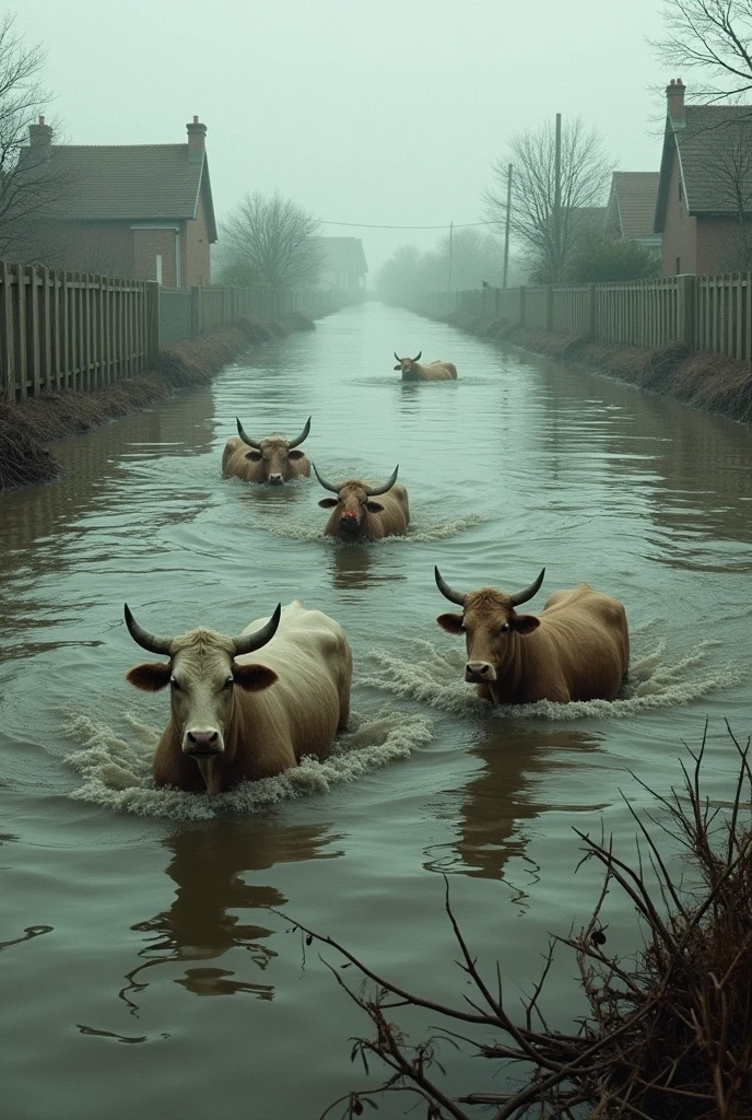 Flooded rural areas with livestock stranded in the water.