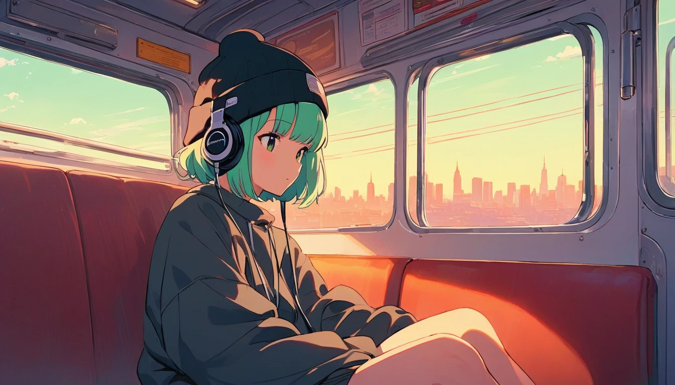 (extremely detailed CG unity 8k wallpaper), (best quality), (best illustration), (best shadow), realistic lighting, beautiful detailed reglow, masterpiece, best quality, lofi artstyle, lofi art, 80s anime style, Retro, Lo-Fi, 1girl, solo, short hair, green hair, sitting, window, headphones, ground vehicle, train interior, anime, bangs, beanie, black headwear,
