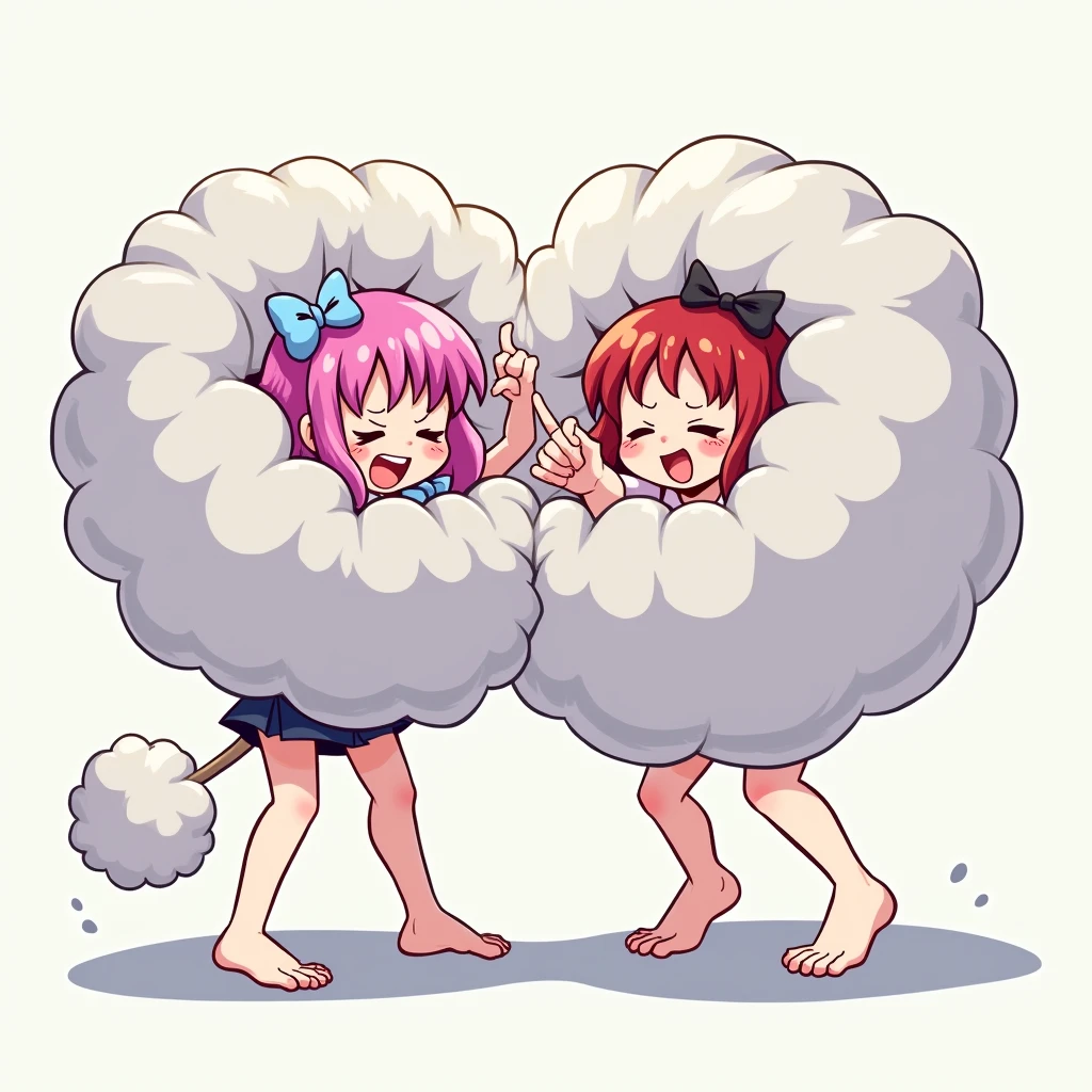 An anime-style illustration depicting ladies playfully wrestling with each other inside a light gray comical fight cloud (dust cloud).
each lady has different colored hair.
their faces,hands,and feet are visible emerging from the cloud as they tussle humorously, with the rest of their bodies completely hidden inside the cloud.
the illustration emphasizes the humorous and energetic nature of their scuffle,with a fluffy and exaggerated fight cloud.