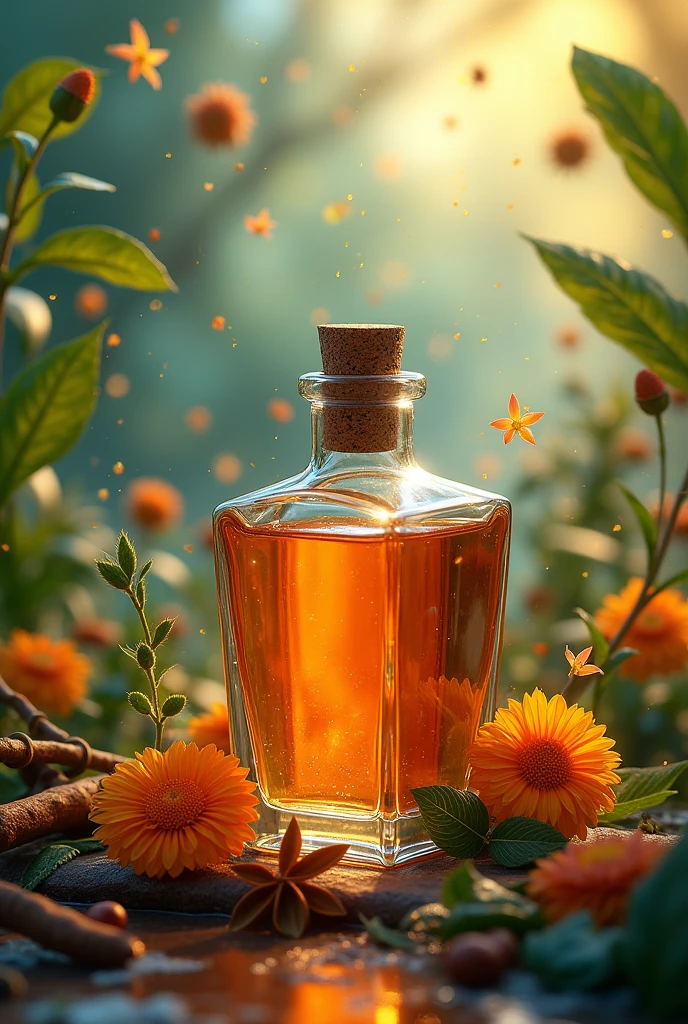 bottle with essential oil with leaves, spices and flowers flying in the nature background